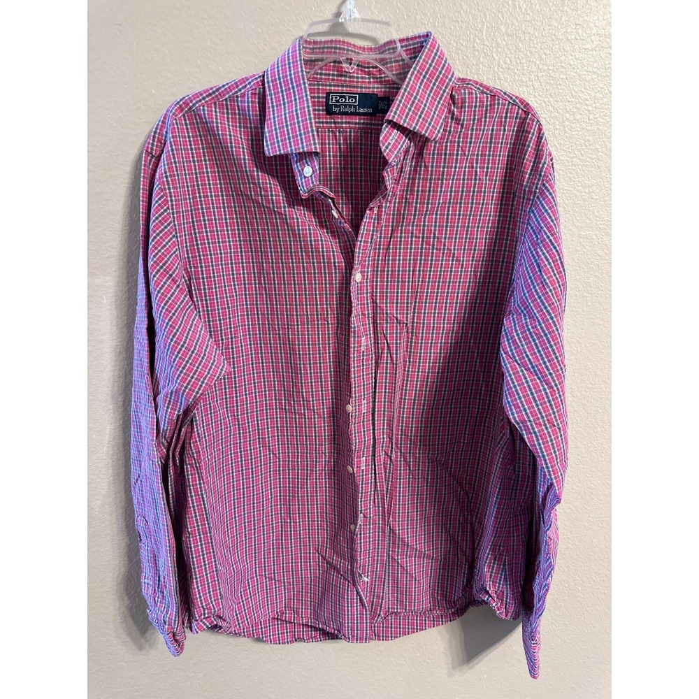 Polo Ralph Lauren Plaid Button Down Long Sleeve Shirt Pink Blue 17 1/2
